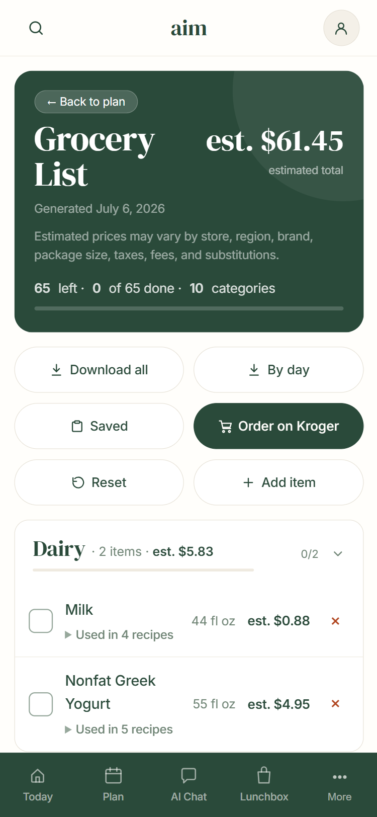 AIM mobile grocery list screen