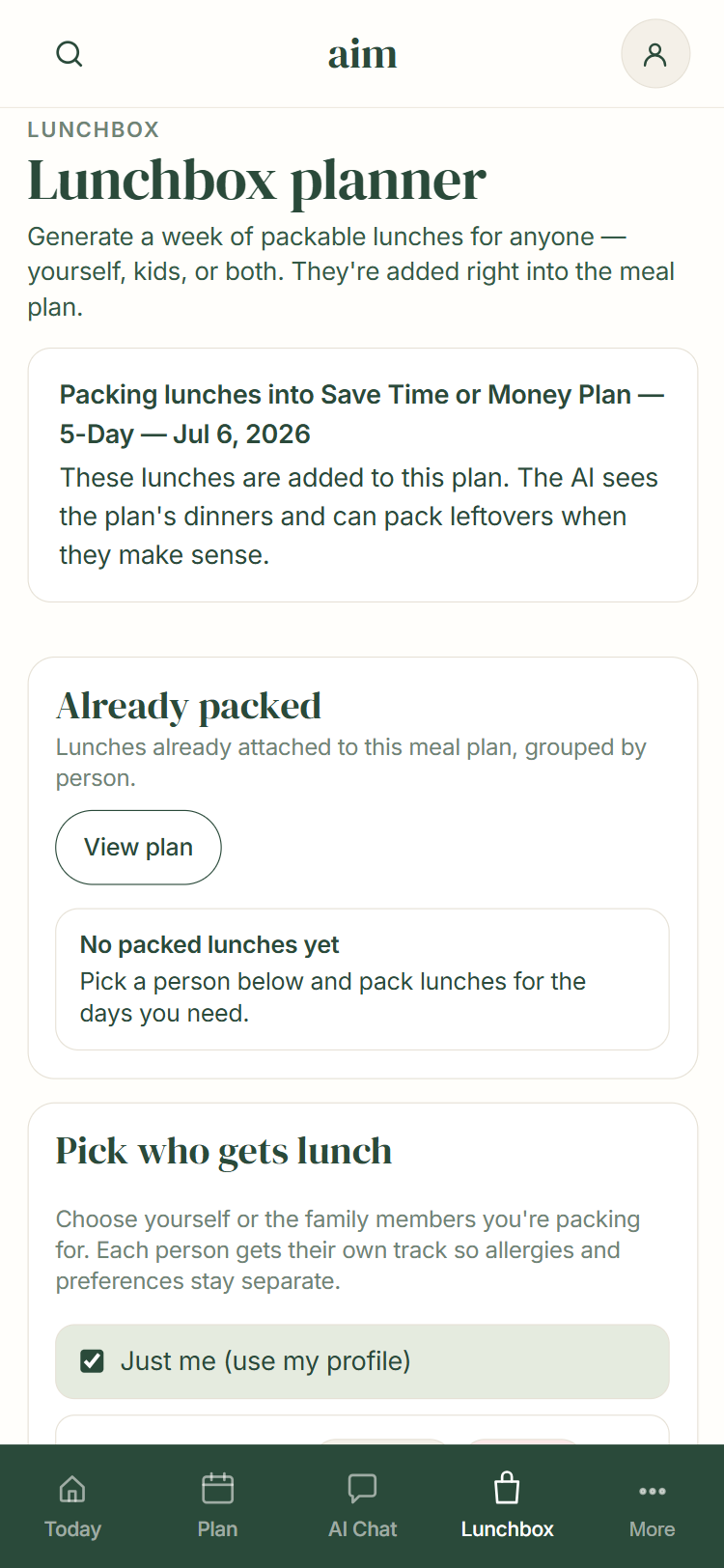 AIM mobile lunchbox planning screen
