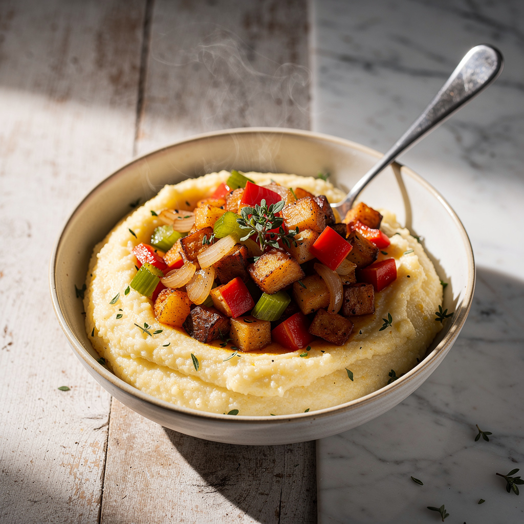 Spicy Cajun Hash on Grits