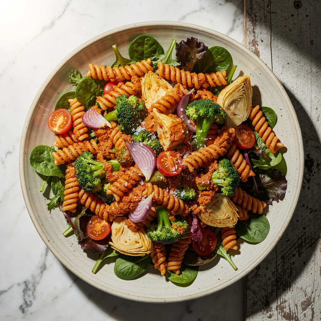 Broccoli Pasta Salad with Red Pepper Pesto