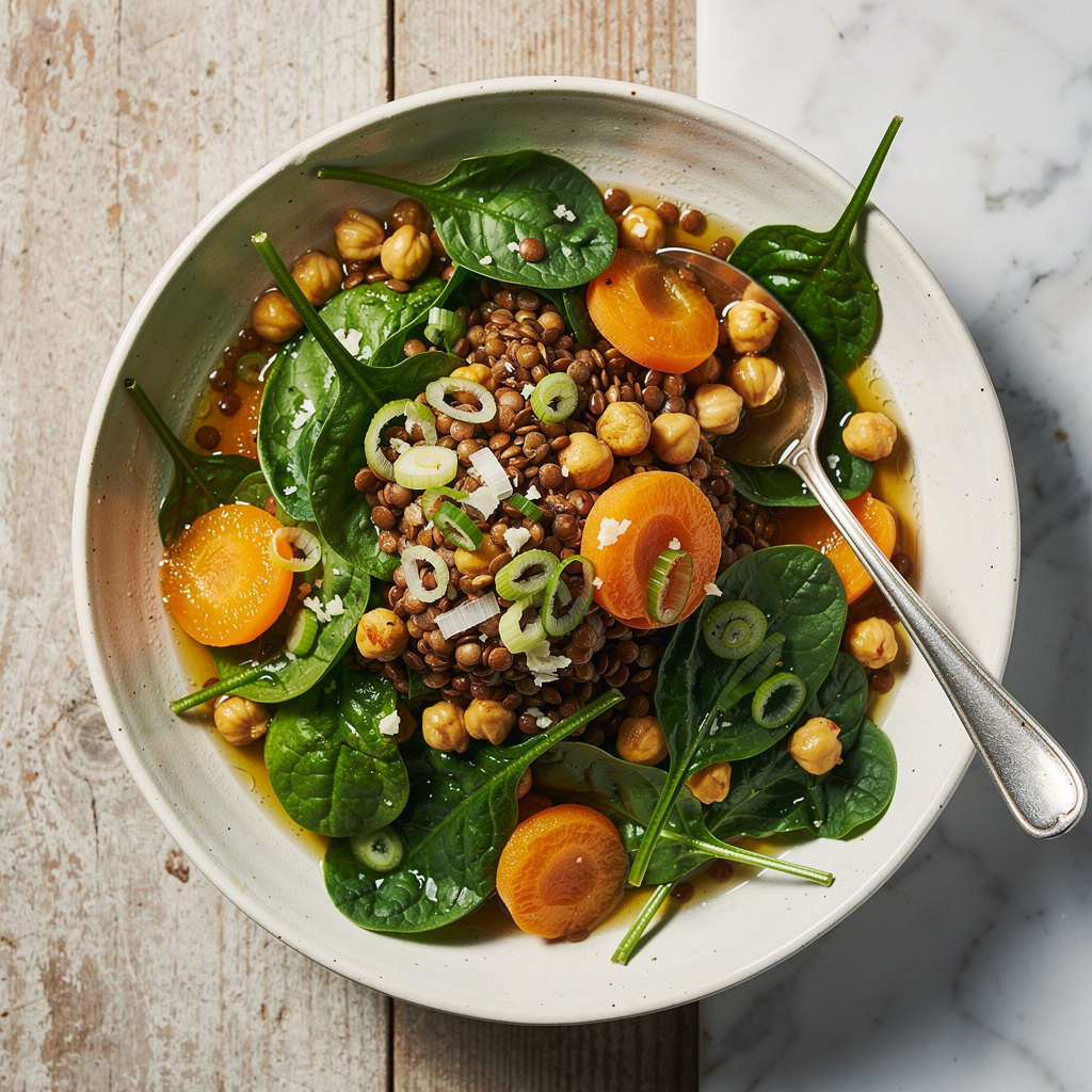 Spinach-Apricot Salad with Spiced Lentils