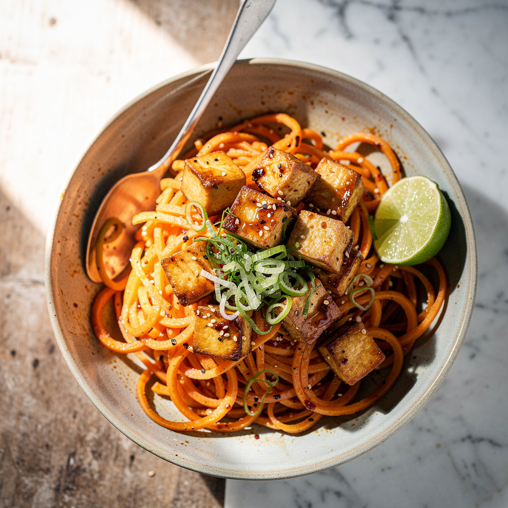 Spiralized Daikon and Sweet Potato Noodles with Spicy Korean Tofu