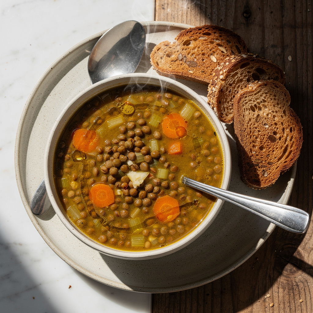 Spiced Brown Lentil Soup with Whole Grain Toast