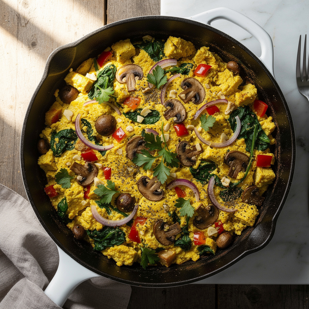 Scrambled Tofu Casserole with Mushrooms and Spinach