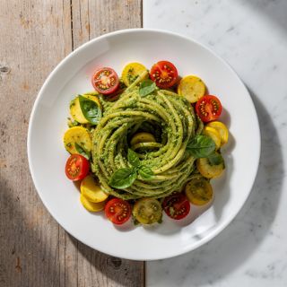 Basil-Leek Pesto Pasta with Cherry Tomatoes and Summer Squash