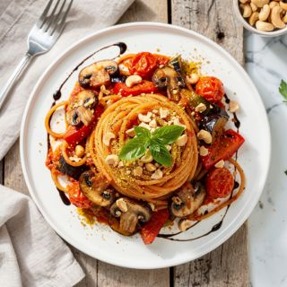Mediterranean Pasta Bake with Mushrooms and Eggplant