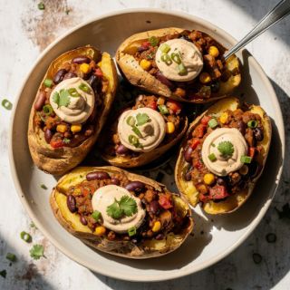 Vegan Chili Stuffed Baked Potatoes (oil-free)